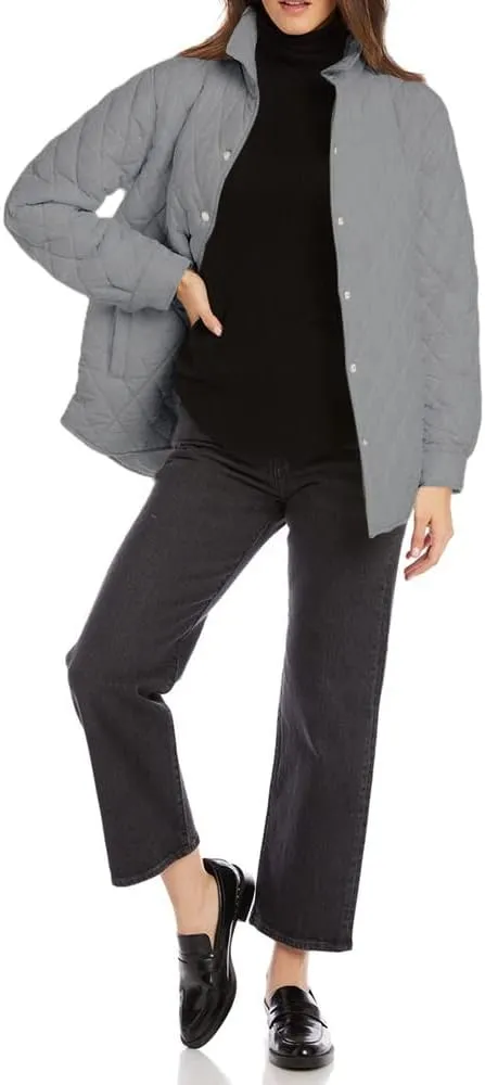 Grlasen Women's Lightweight Quilted Jacket Stand Collar Single-breasted Long Sleeve Warm Oversized Coat with Pockets