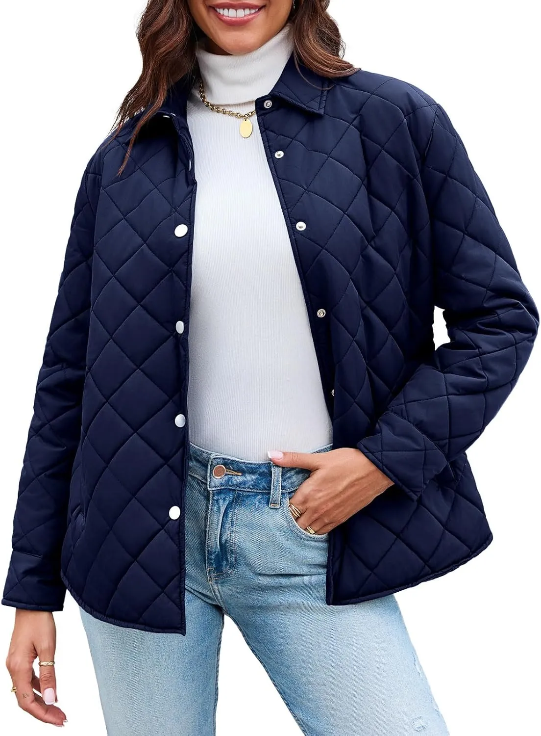 Grlasen Women's Lightweight Quilted Jacket Stand Collar Single-breasted Long Sleeve Warm Oversized Coat with Pockets