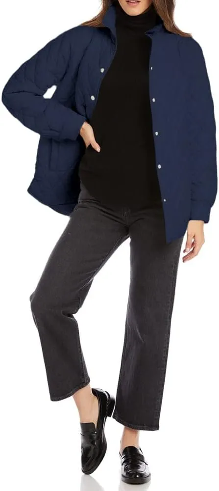 Grlasen Women's Lightweight Quilted Jacket Stand Collar Single-breasted Long Sleeve Warm Oversized Coat with Pockets