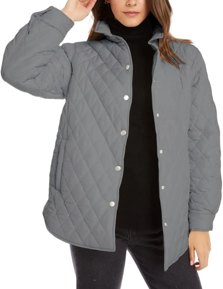 Grlasen Women's Lightweight Quilted Jacket Stand Collar Single-breasted Long Sleeve Warm Oversized Coat with Pockets