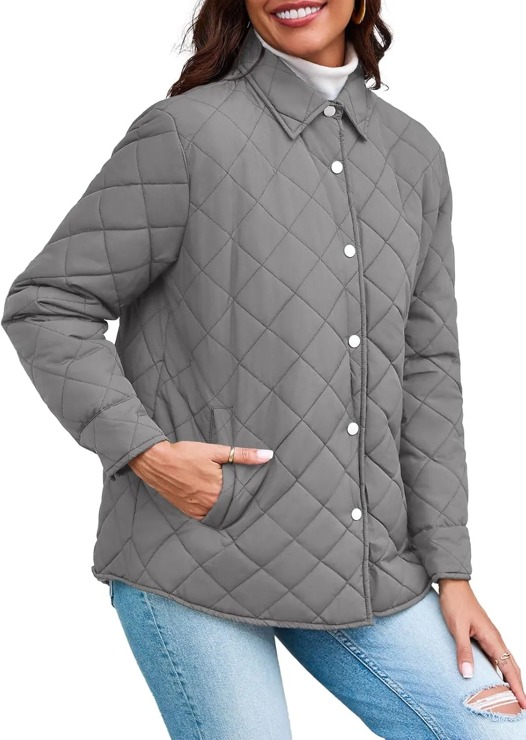 Grlasen Women's Lightweight Quilted Jacket Stand Collar Single-breasted Long Sleeve Warm Oversized Coat with Pockets