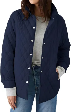 Grlasen Women's Lightweight Quilted Jacket Stand Collar Single-breasted Long Sleeve Warm Oversized Coat with Pockets