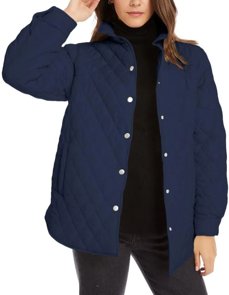 Grlasen Women's Lightweight Quilted Jacket Stand Collar Single-breasted Long Sleeve Warm Oversized Coat with Pockets