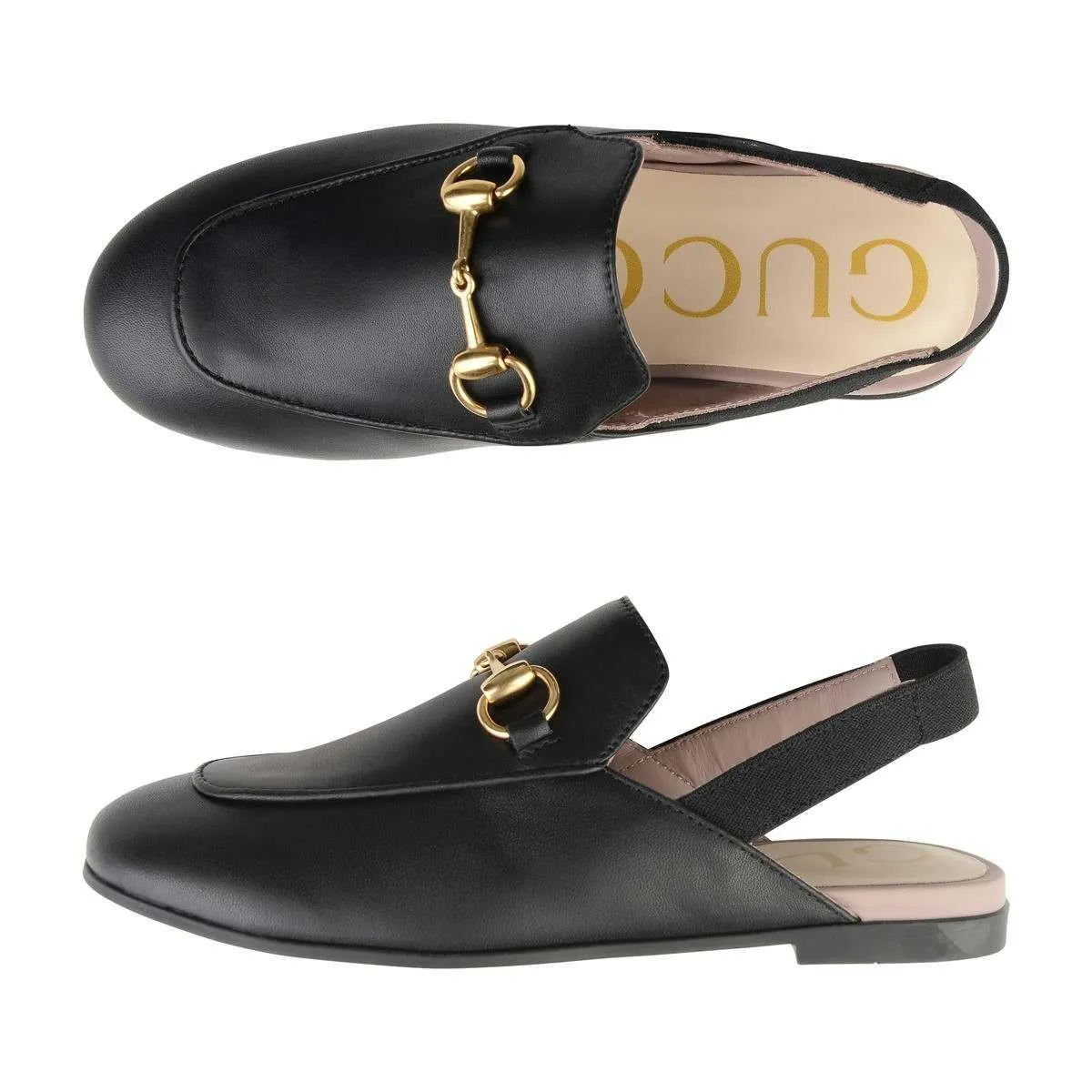 Gucci Kids Leather Princetown Loafer Slides in Black