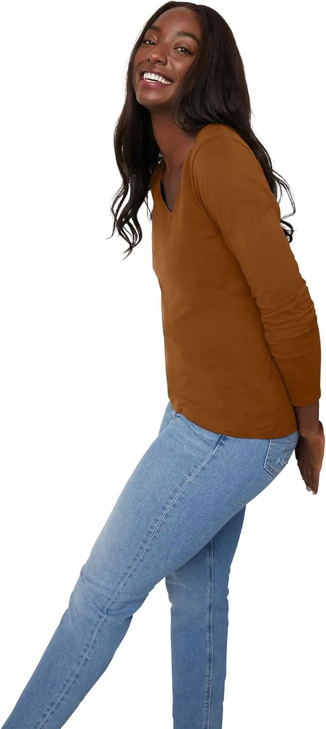 Hanes Womens Originals Long Sleeve Cotton V-Neck T-Shirt, Lightweight V-Neck Tee, Modern Fit