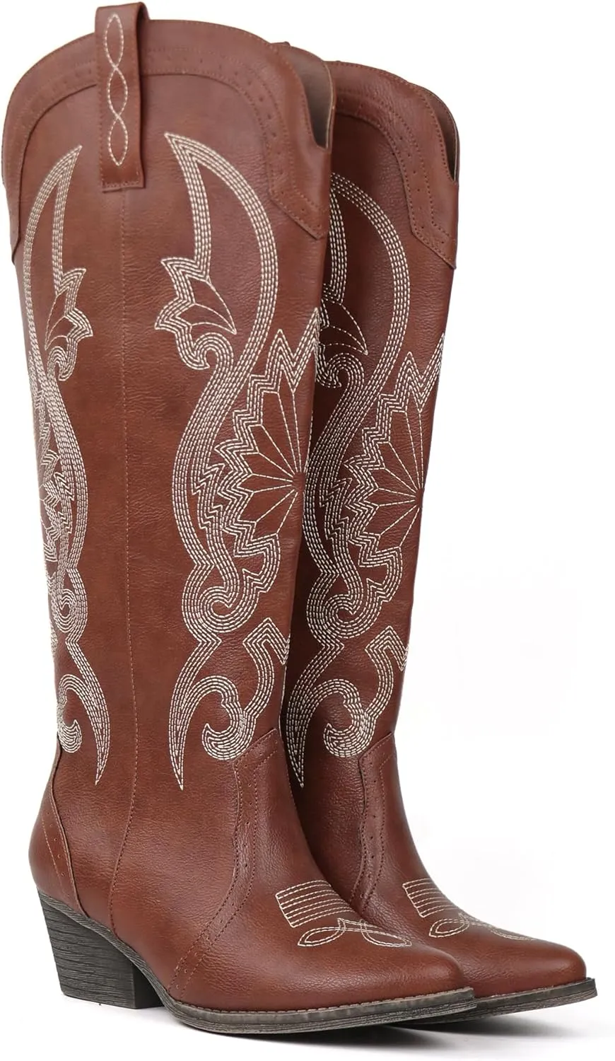 Hawkwell Women's Cowboy Cowgirl Boots Slip On Pointed Toe and Block Heel Shoes with Classic Embroidered Pull On Tall Boot for Ladies Dress Western Knee High Boots