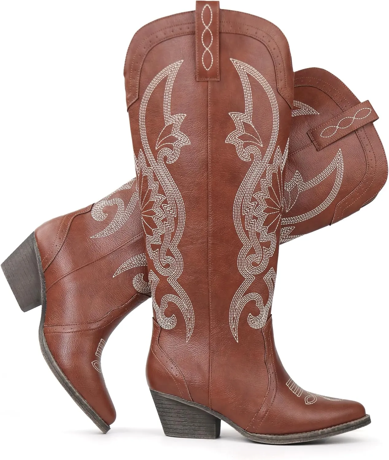 Hawkwell Women's Cowboy Cowgirl Boots Slip On Pointed Toe and Block Heel Shoes with Classic Embroidered Pull On Tall Boot for Ladies Dress Western Knee High Boots