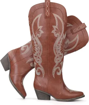 Hawkwell Women's Cowboy Cowgirl Boots Slip On Pointed Toe and Block Heel Shoes with Classic Embroidered Pull On Tall Boot for Ladies Dress Western Knee High Boots