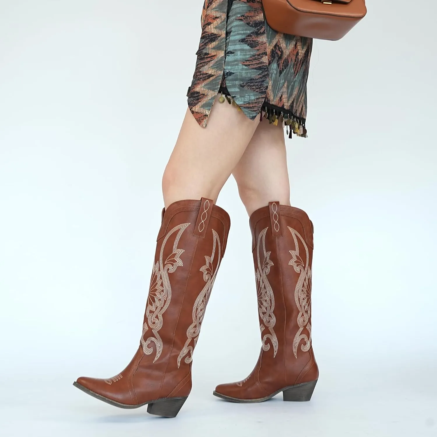 Hawkwell Women's Cowboy Cowgirl Boots Slip On Pointed Toe and Block Heel Shoes with Classic Embroidered Pull On Tall Boot for Ladies Dress Western Knee High Boots