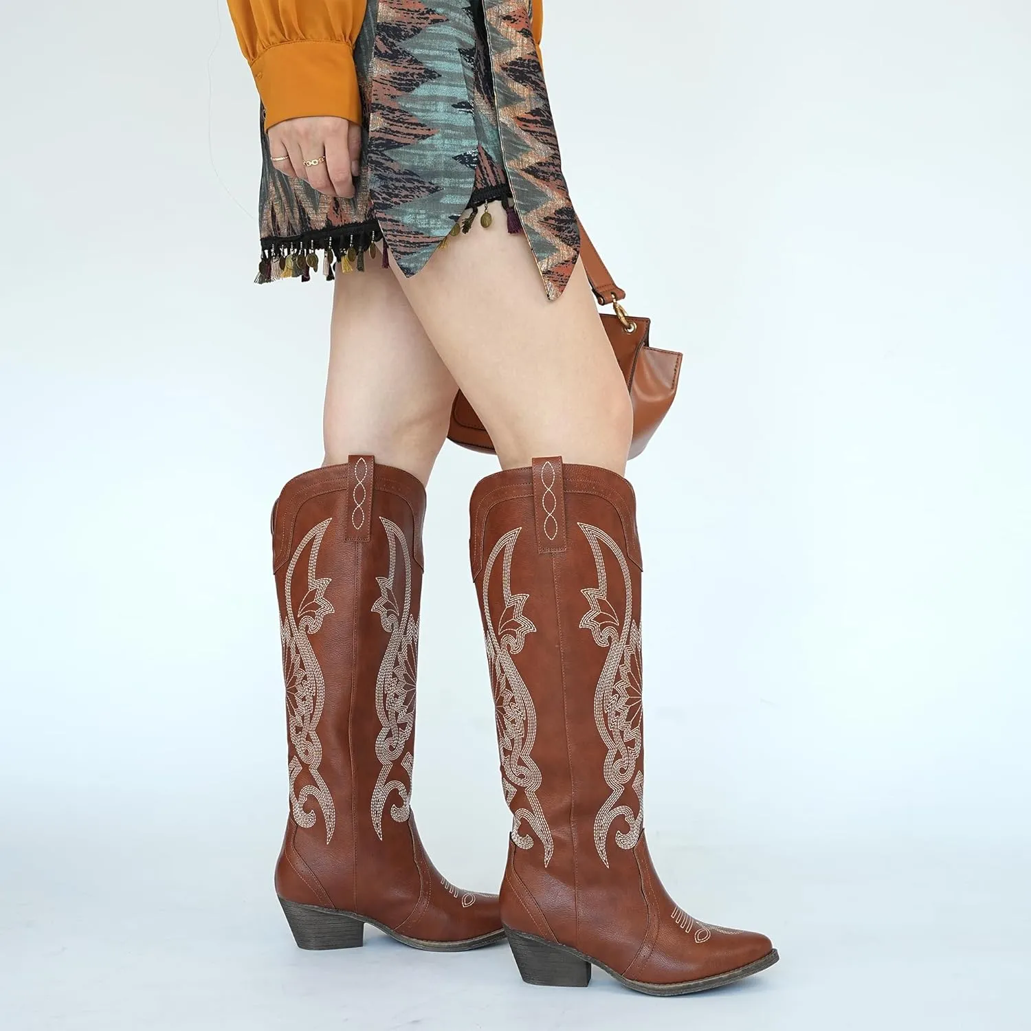 Hawkwell Women's Cowboy Cowgirl Boots Slip On Pointed Toe and Block Heel Shoes with Classic Embroidered Pull On Tall Boot for Ladies Dress Western Knee High Boots