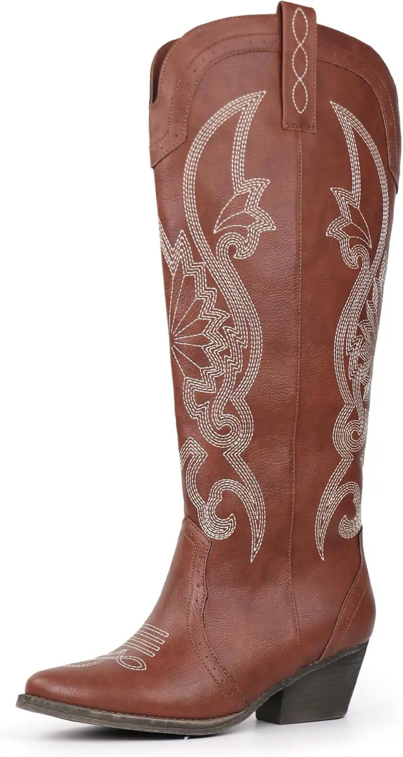 Hawkwell Women's Cowboy Cowgirl Boots Slip On Pointed Toe and Block Heel Shoes with Classic Embroidered Pull On Tall Boot for Ladies Dress Western Knee High Boots