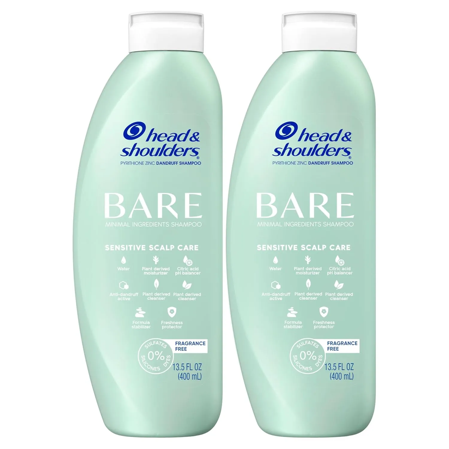 Head & Shoulders BARE Dandruff Shampoo Twin Pack, Fragrance-Free, Sensitive Scalp Care, Sulfate-Free, Silicone-Free, Dye-Free, Eco-Friendly Bottles, Safe for All Hair Types, 13.5 Fl Oz Each (Set of 2)