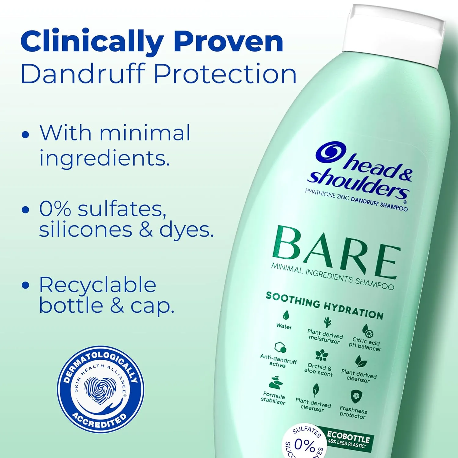 Head & Shoulders BARE Dandruff Shampoo Twin Pack, Soothing Hydration, Sulfate-Free, Silicone-Free, Dye-Free, Eco-Friendly Bottles, Safe for All Hair Types, 13.5 Fl Oz Each (Set of 2)