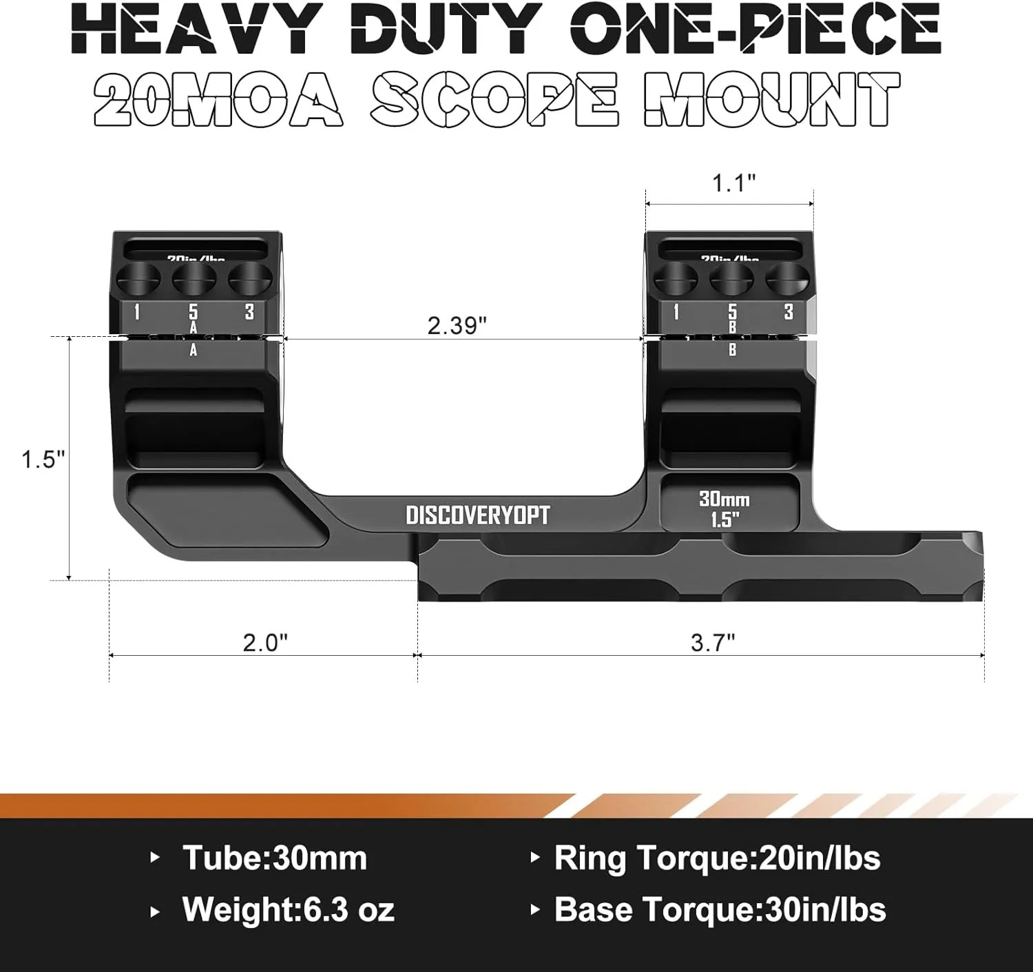 Heavy Duty Cantilever Scope Mount, One-Piece 20 MOA Picatinny Offset Dual Ring 30mm 34mm Scope Mount