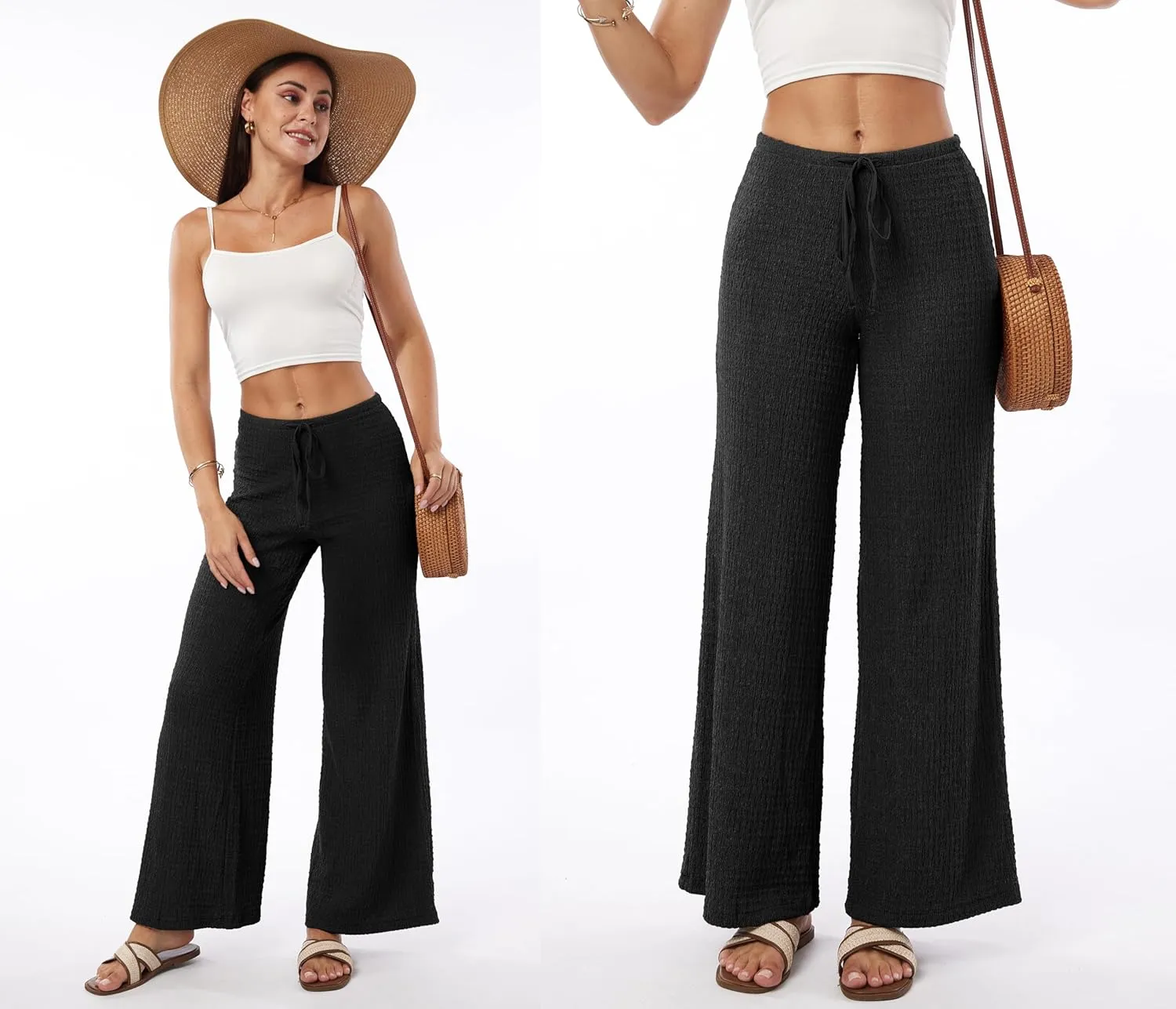 heipeiwa Women's Smocked Pants Textured Wide Straight Leg Trouser Casual Lounge Pant 2025 Beach Travel Vacation Outfits