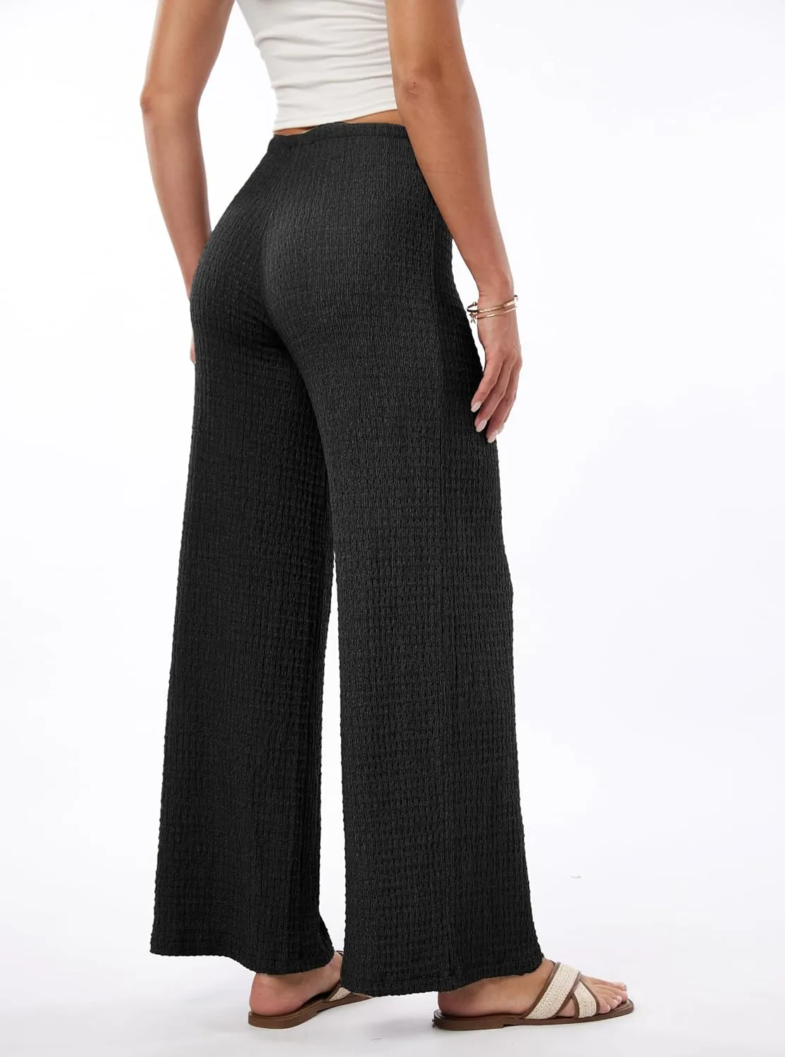 heipeiwa Women's Smocked Pants Textured Wide Straight Leg Trouser Casual Lounge Pant 2025 Beach Travel Vacation Outfits