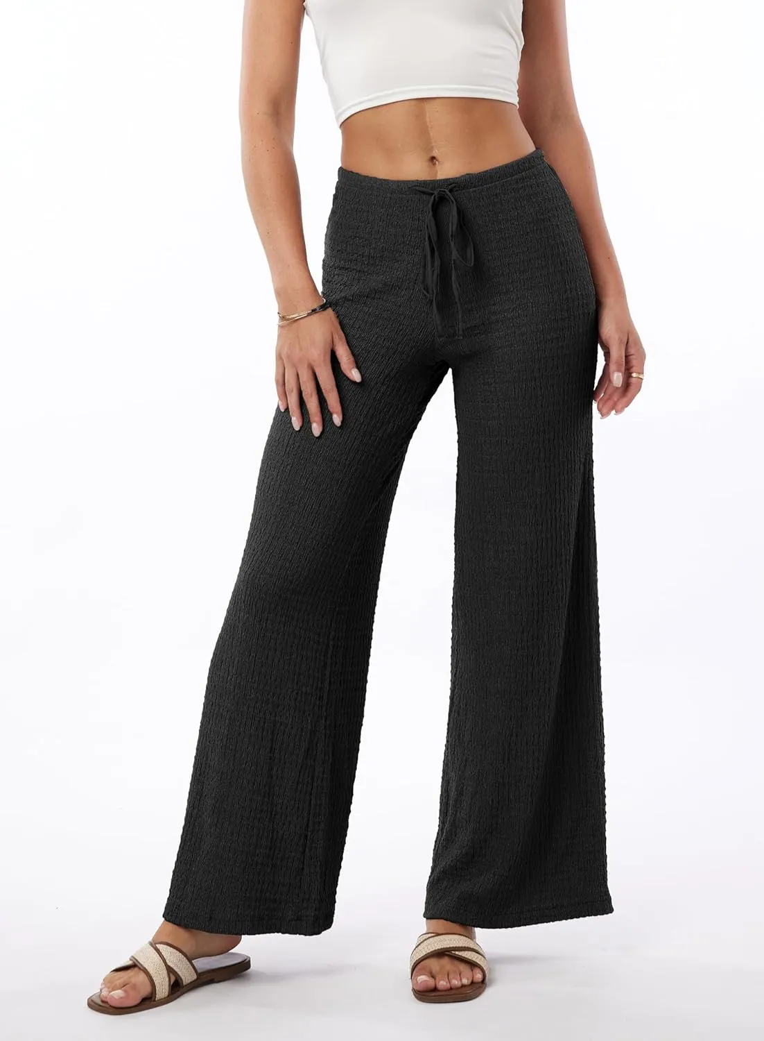 heipeiwa Women's Smocked Pants Textured Wide Straight Leg Trouser Casual Lounge Pant 2025 Beach Travel Vacation Outfits