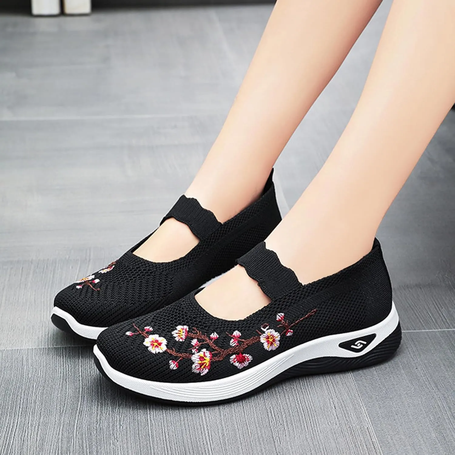 Helenbra Women's Flower Embroidered Slip On Knitting Flat Loafers,Mary Jane Breathable Elastic Mesh Comfy Platform Non Slip Memory Foam Mom Walking Nurse Shoes Casual Walking Sneakers