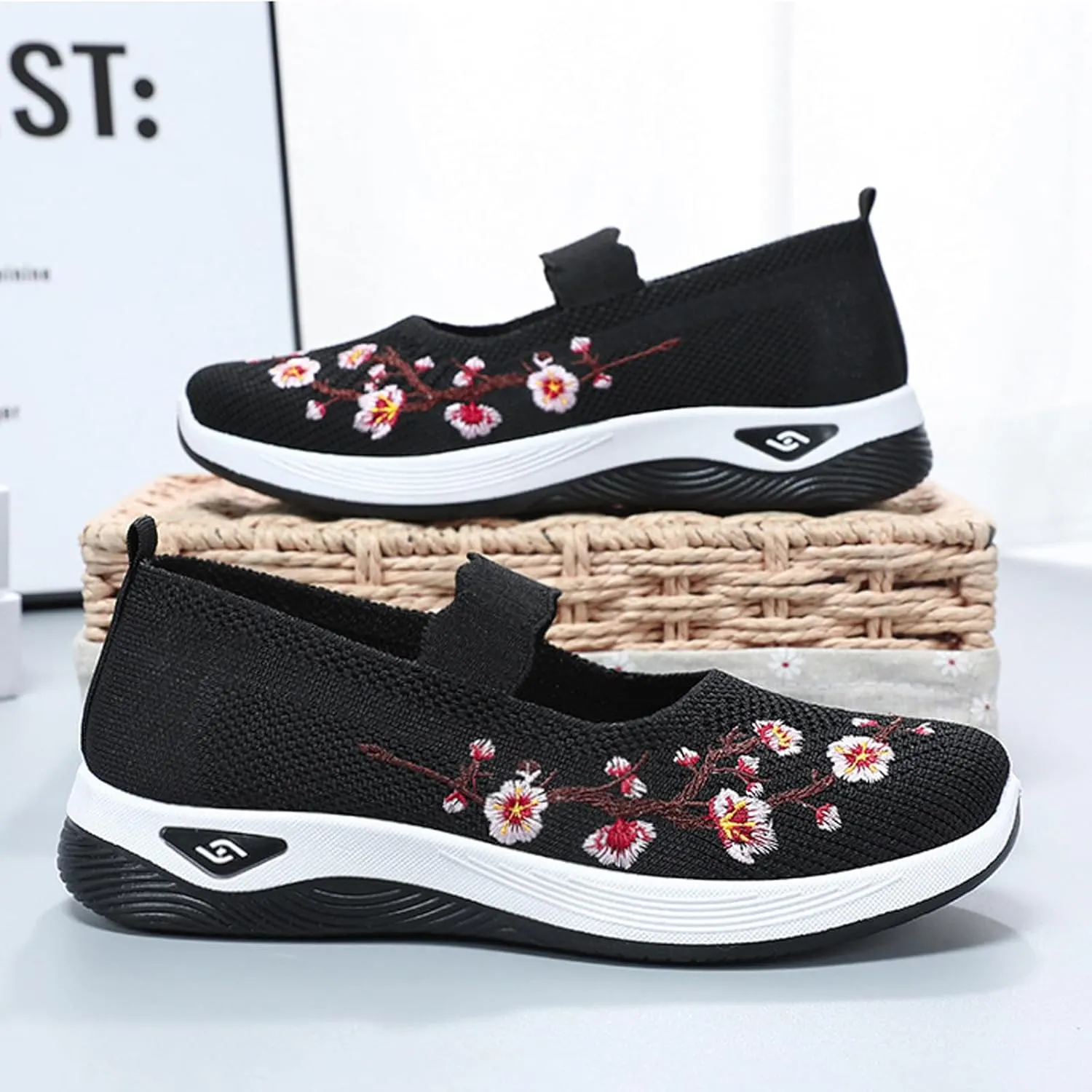 Helenbra Women's Flower Embroidered Slip On Knitting Flat Loafers,Mary Jane Breathable Elastic Mesh Comfy Platform Non Slip Memory Foam Mom Walking Nurse Shoes Casual Walking Sneakers