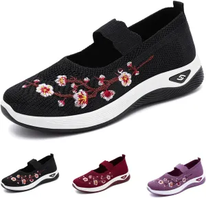 Helenbra Women's Flower Embroidered Slip On Knitting Flat Loafers,Mary Jane Breathable Elastic Mesh Comfy Platform Non Slip Memory Foam Mom Walking Nurse Shoes Casual Walking Sneakers