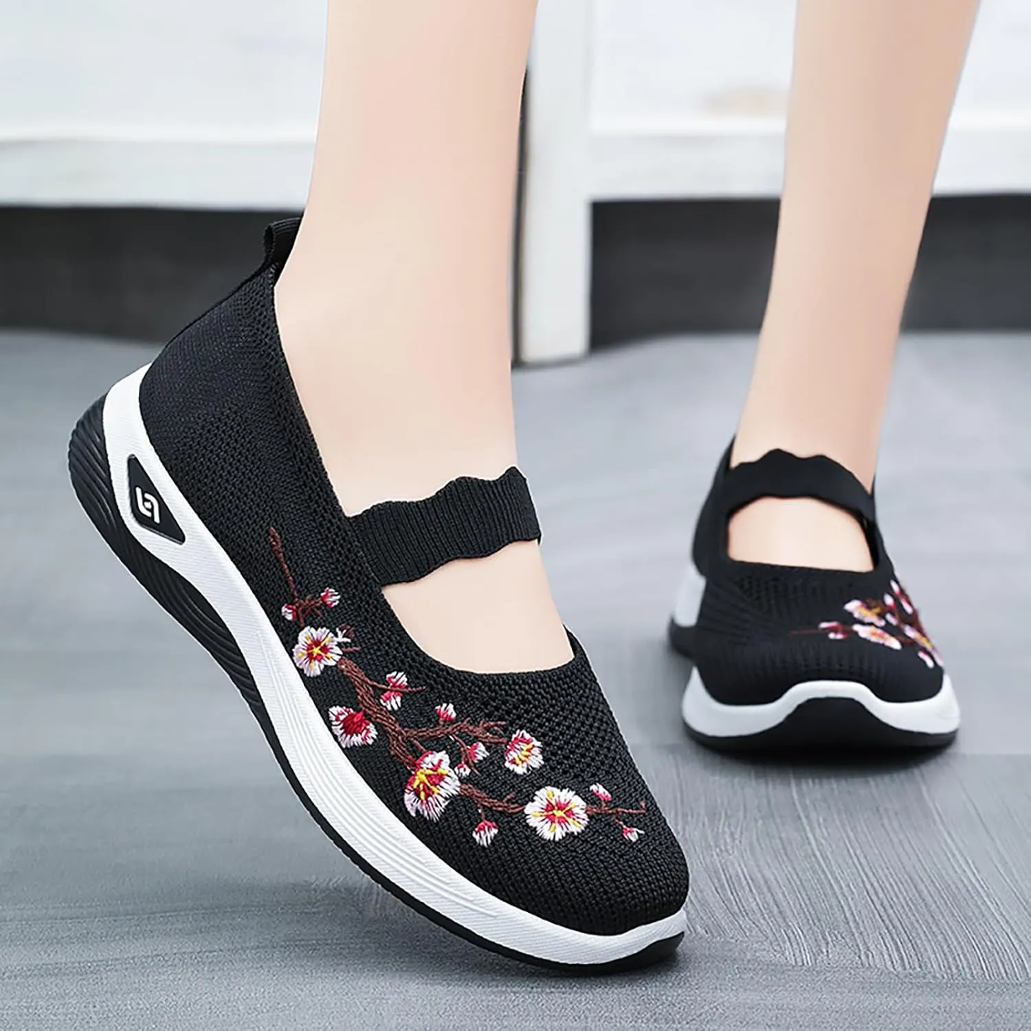 Helenbra Women's Flower Embroidered Slip On Knitting Flat Loafers,Mary Jane Breathable Elastic Mesh Comfy Platform Non Slip Memory Foam Mom Walking Nurse Shoes Casual Walking Sneakers