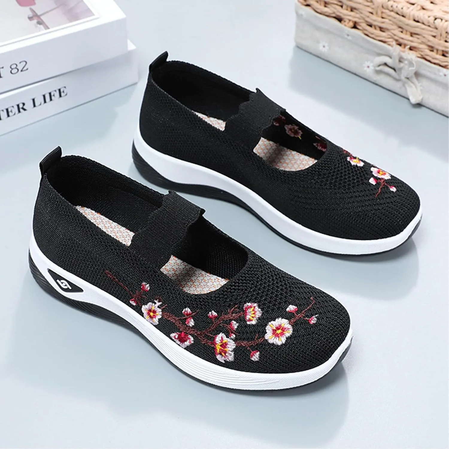 Helenbra Women's Flower Embroidered Slip On Knitting Flat Loafers,Mary Jane Breathable Elastic Mesh Comfy Platform Non Slip Memory Foam Mom Walking Nurse Shoes Casual Walking Sneakers