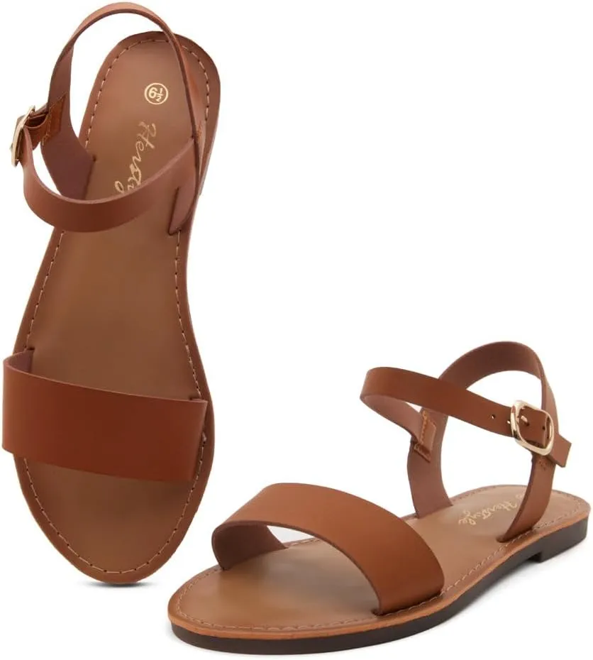 Herstyle Keetton Women's Flat Sandals Open Toe Ladies Dressy Sandals Black White Cognac Flat Sandals Ankle Strap Comfy Casual Sandal for Summer