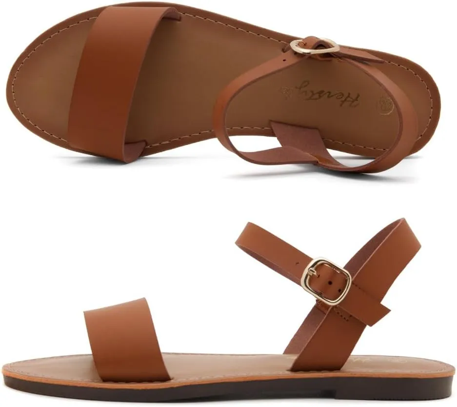 Herstyle Keetton Women's Flat Sandals Open Toe Ladies Dressy Sandals Black White Cognac Flat Sandals Ankle Strap Comfy Casual Sandal for Summer
