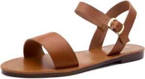 Herstyle Keetton Women's Flat Sandals Open Toe Ladies Dressy Sandals Black White Cognac Flat Sandals Ankle Strap Comfy Casual Sandal for Summer