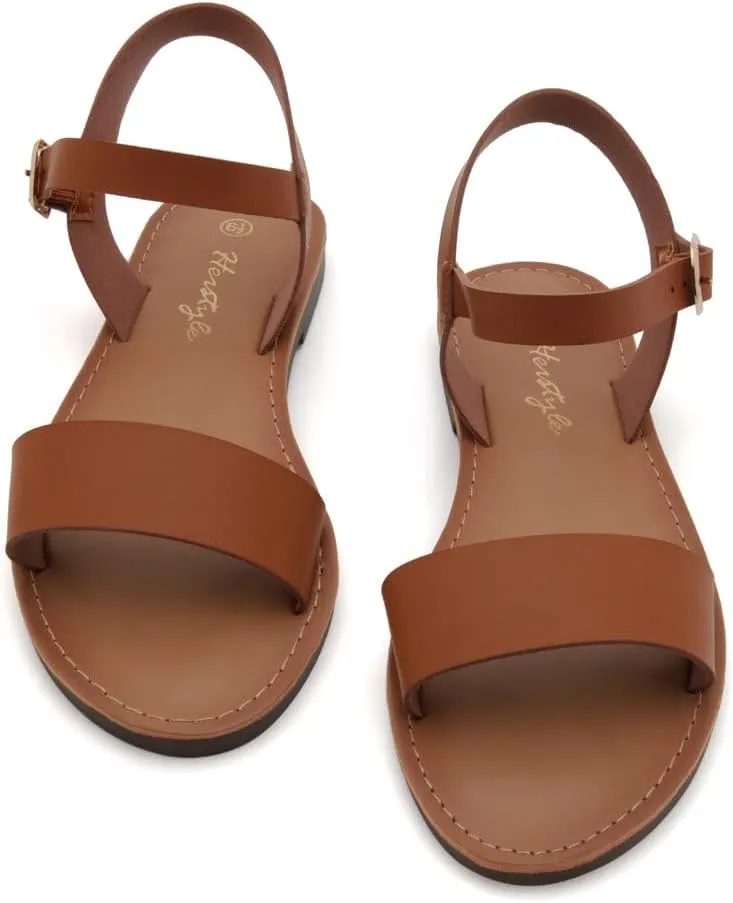 Herstyle Keetton Women's Flat Sandals Open Toe Ladies Dressy Sandals Black White Cognac Flat Sandals Ankle Strap Comfy Casual Sandal for Summer