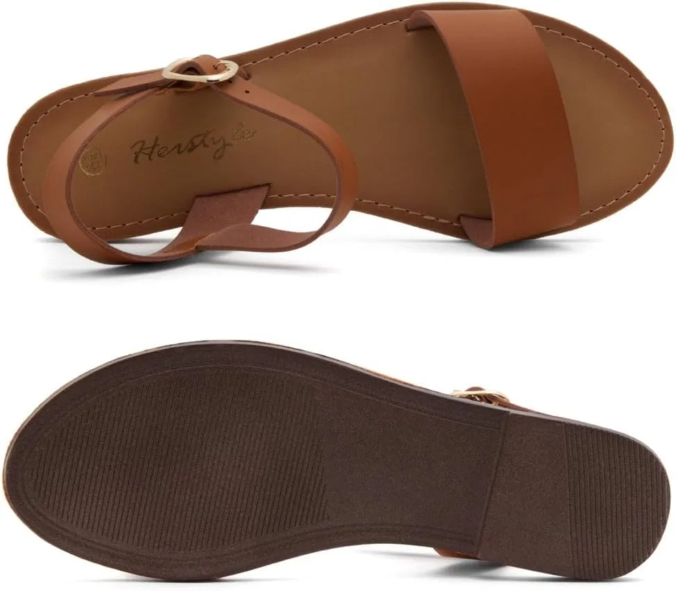 Herstyle Keetton Women's Flat Sandals Open Toe Ladies Dressy Sandals Black White Cognac Flat Sandals Ankle Strap Comfy Casual Sandal for Summer
