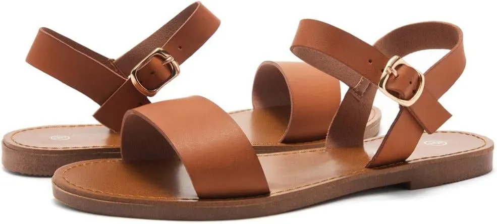Herstyle Keetton Women's Flat Sandals Open Toe Ladies Dressy Sandals Black White Cognac Flat Sandals Ankle Strap Comfy Casual Sandal for Summer