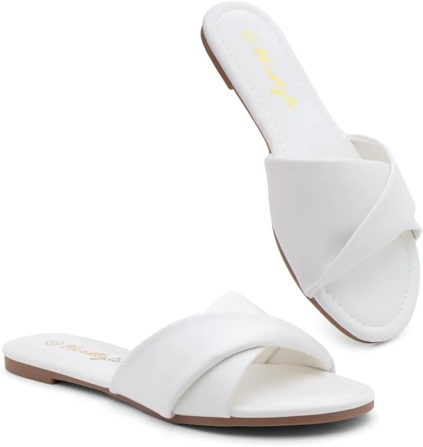 Herstyle MARLENA Women’s Flat Sandals, Fashion Slides Comfortable Casual Sandals with Round Open Toe and Single Band – Dressy Slip-On Slippers for Summer