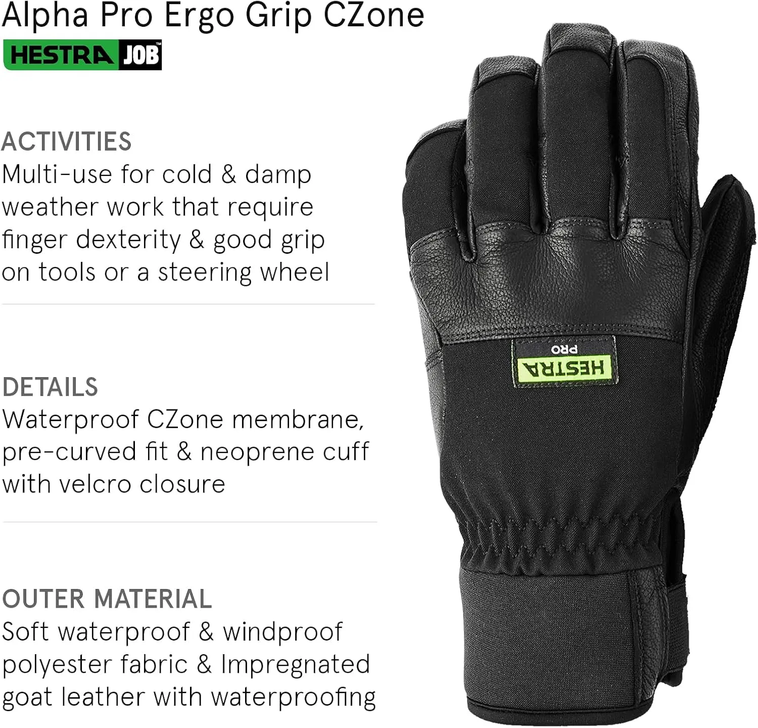 Hestra Job Alpha Pro Ergo Grip Gloves with Czone Insert for Work, Yard, Wet Weather and General Multi-Use Jobs
