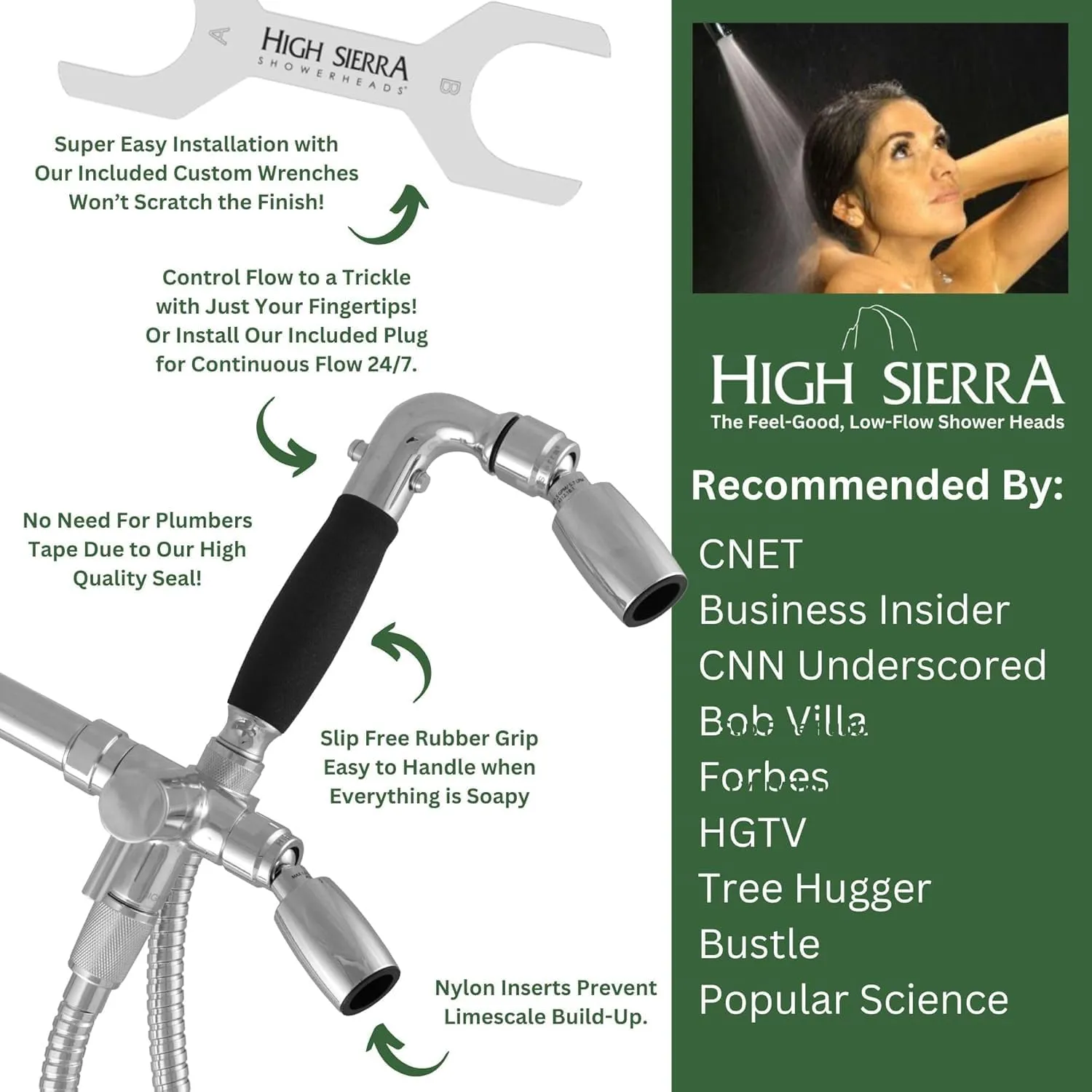 High Sierra Showerheads® - Solid Metal 2.0 GPM High-Flow 3-Way Shower Head and Handheld Combo Kit with Slip-Free Grip - Brushed Nickel