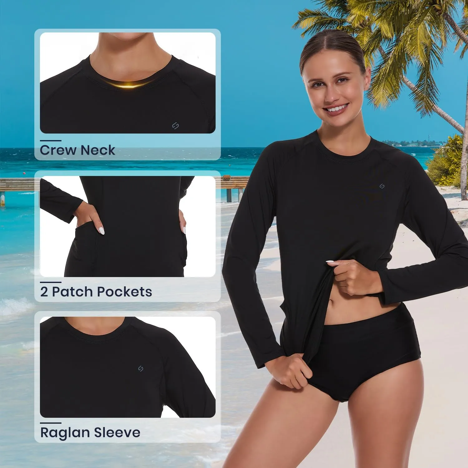 HODOSPORTS Rash Guard for Women UPF 50  Swim Shirt with Pockets Sun Protection Shirts Lightweight Long Sleeve