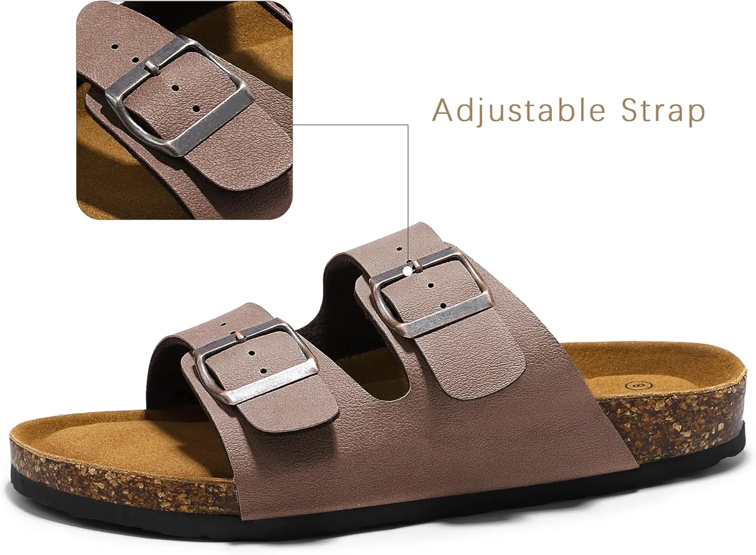 HOMETRUE Mens Sandals Cork Footed Flat Mens Slides Sandals Adjustable Buckle Straps Durable Sandals for Men