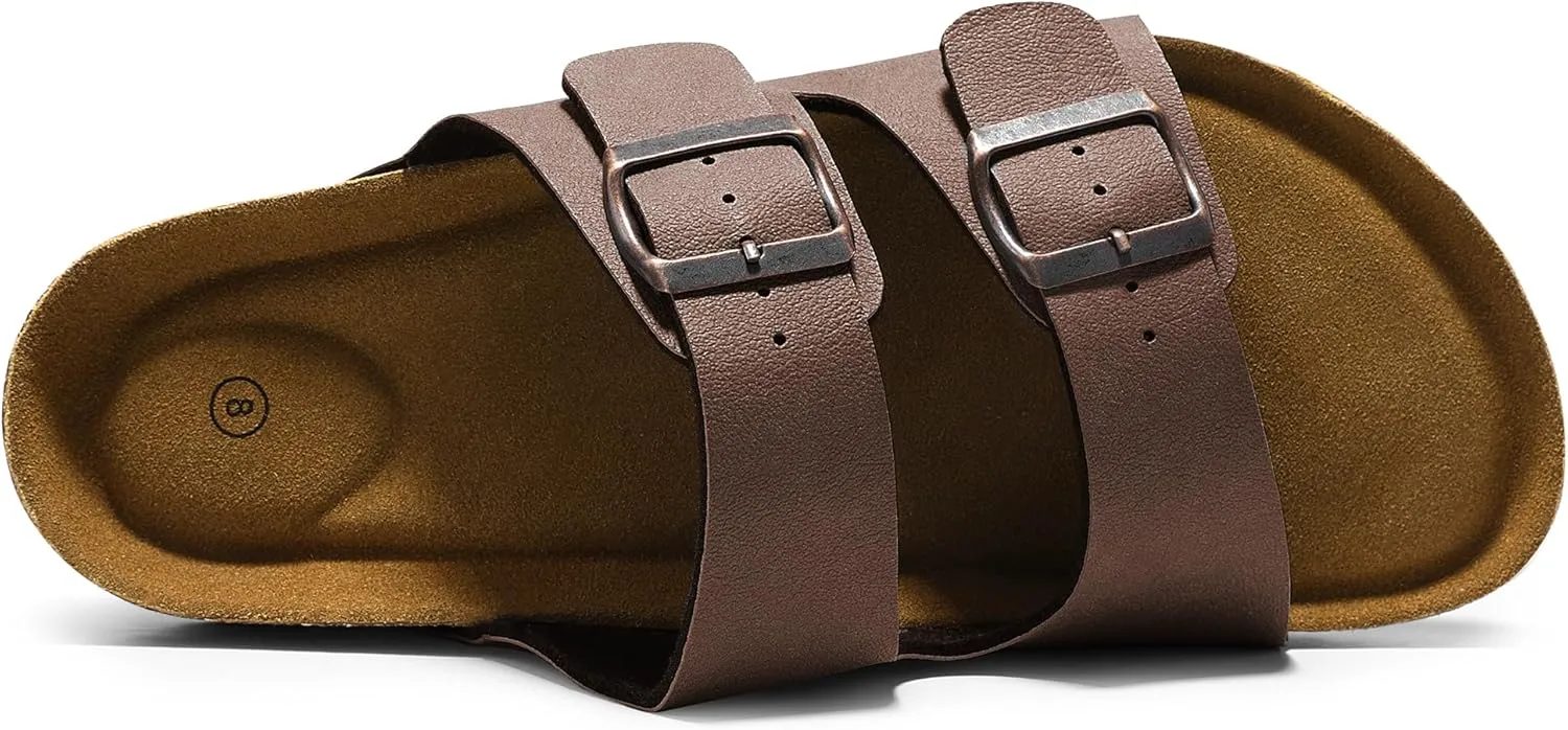 HOMETRUE Mens Sandals Cork Footed Flat Mens Slides Sandals Adjustable Buckle Straps Durable Sandals for Men