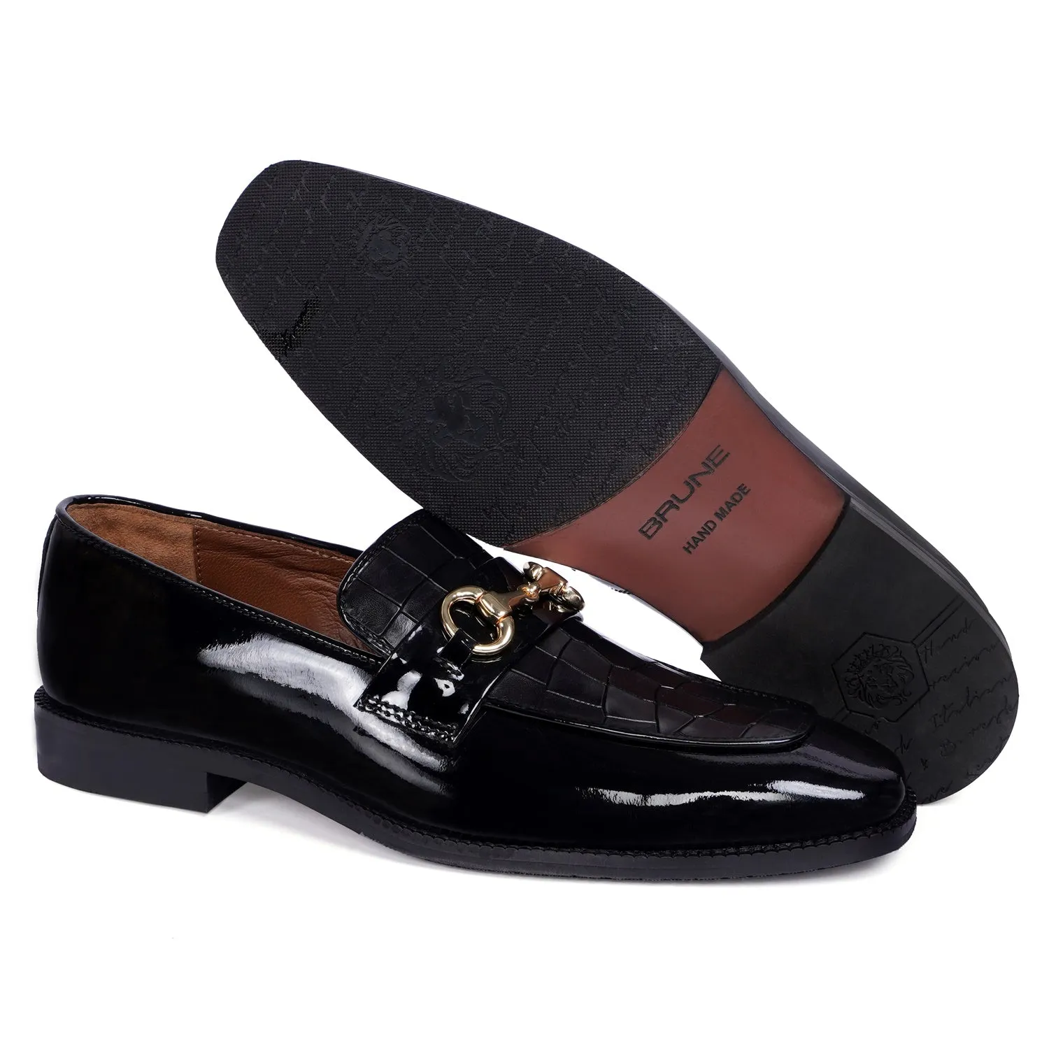 Horse-Bit Buckle Detailing Loafer with Black Patent & Deep Cut Leather