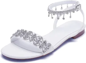 Hyinlays Women's Casual Dresssy Wedding Sandals for Bride Comfy Dress Summer Shoes Rhinestone Open Toe Flat Sandals for Summer Wedding