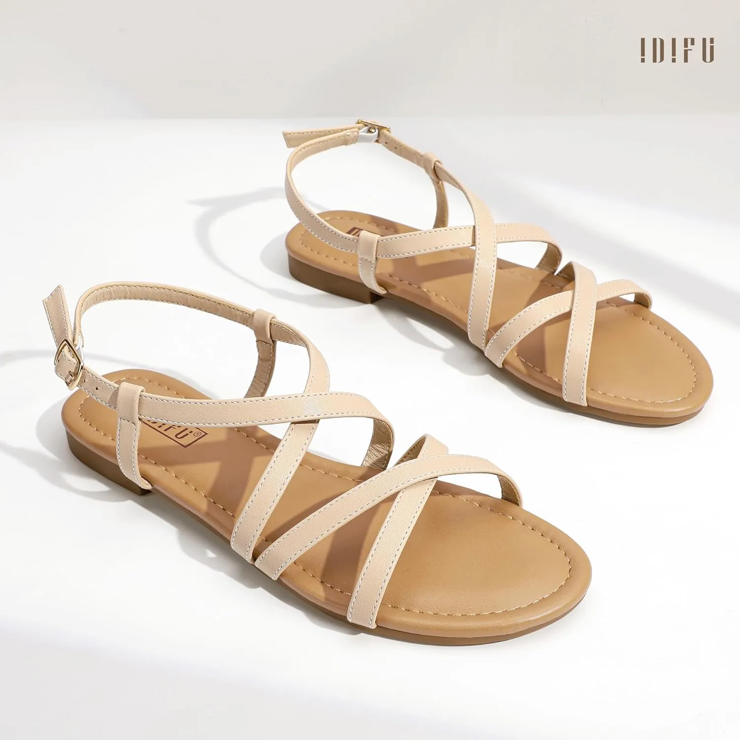 IDIFU Strappy Sandals for Women Open Toe Slingback Ankle Strap Flat Sandals Summer Beach Wedding Bridal Prom Party Work Office Dress Sandals Comfortable Trendy Casual Dressy Sandals