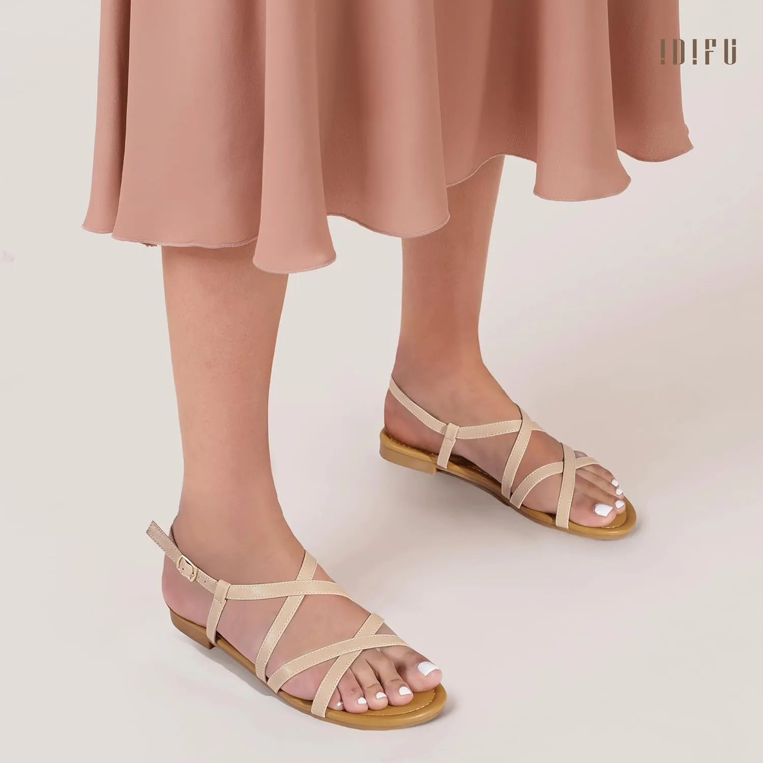 IDIFU Strappy Sandals for Women Open Toe Slingback Ankle Strap Flat Sandals Summer Beach Wedding Bridal Prom Party Work Office Dress Sandals Comfortable Trendy Casual Dressy Sandals
