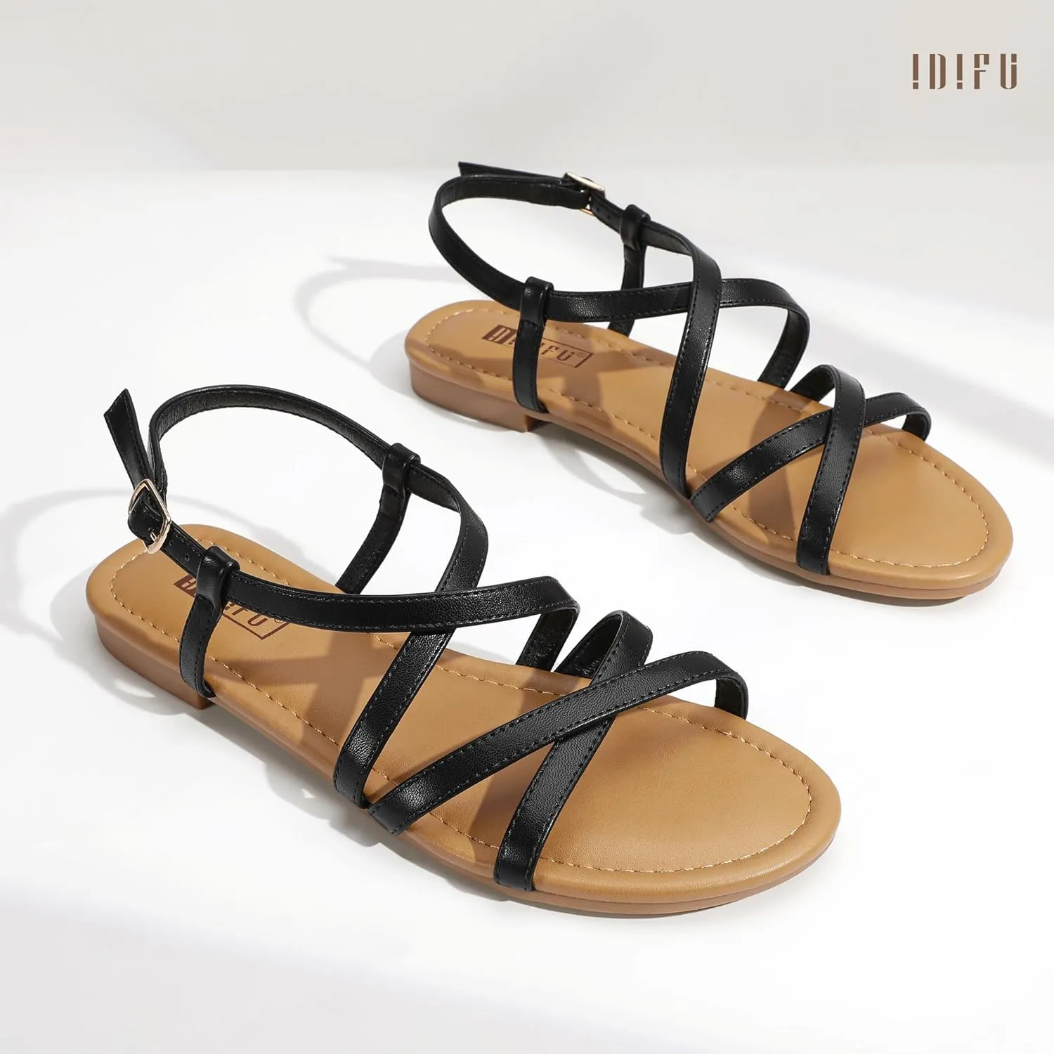 IDIFU Strappy Sandals for Women Open Toe Slingback Ankle Strap Flat Sandals Summer Beach Wedding Bridal Prom Party Work Office Dress Sandals Comfortable Trendy Casual Dressy Sandals