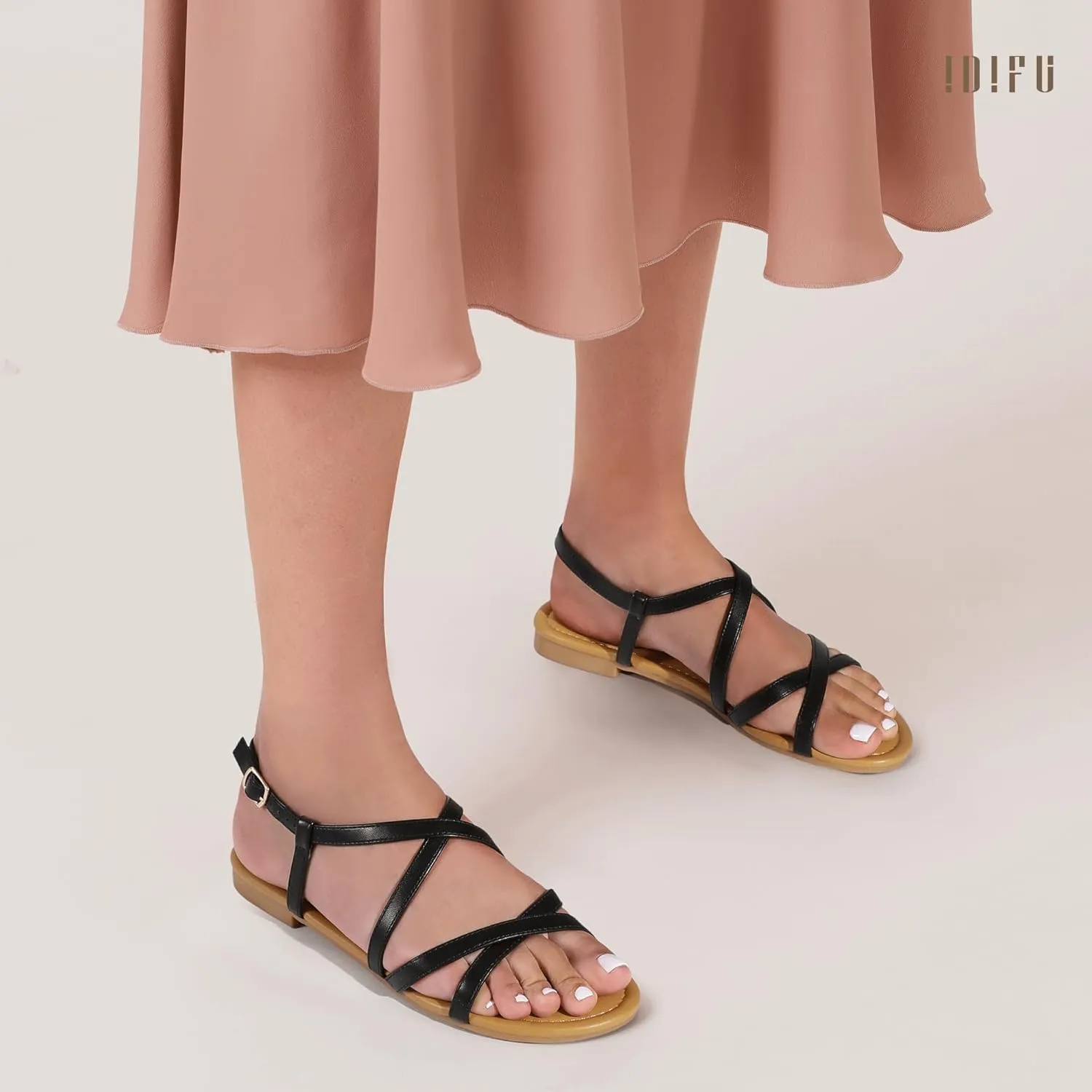 IDIFU Strappy Sandals for Women Open Toe Slingback Ankle Strap Flat Sandals Summer Beach Wedding Bridal Prom Party Work Office Dress Sandals Comfortable Trendy Casual Dressy Sandals