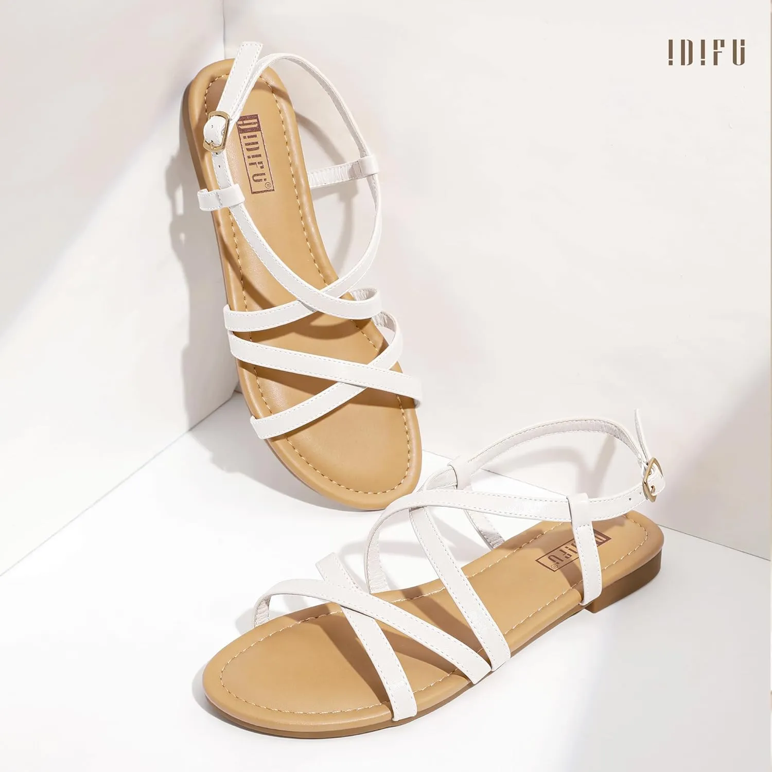 IDIFU Strappy Sandals for Women Open Toe Slingback Ankle Strap Flat Sandals Summer Beach Wedding Bridal Prom Party Work Office Dress Sandals Comfortable Trendy Casual Dressy Sandals