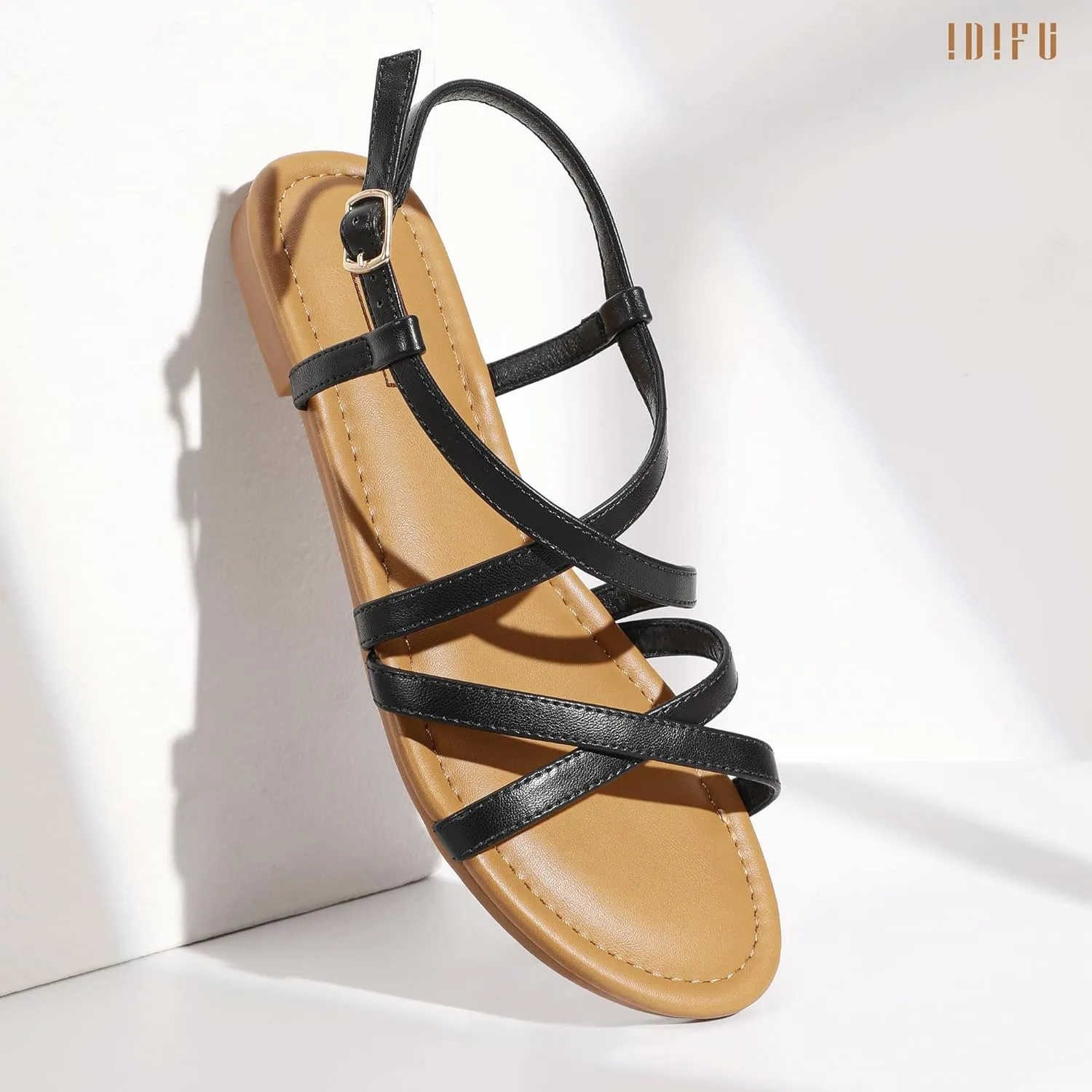 IDIFU Strappy Sandals for Women Open Toe Slingback Ankle Strap Flat Sandals Summer Beach Wedding Bridal Prom Party Work Office Dress Sandals Comfortable Trendy Casual Dressy Sandals