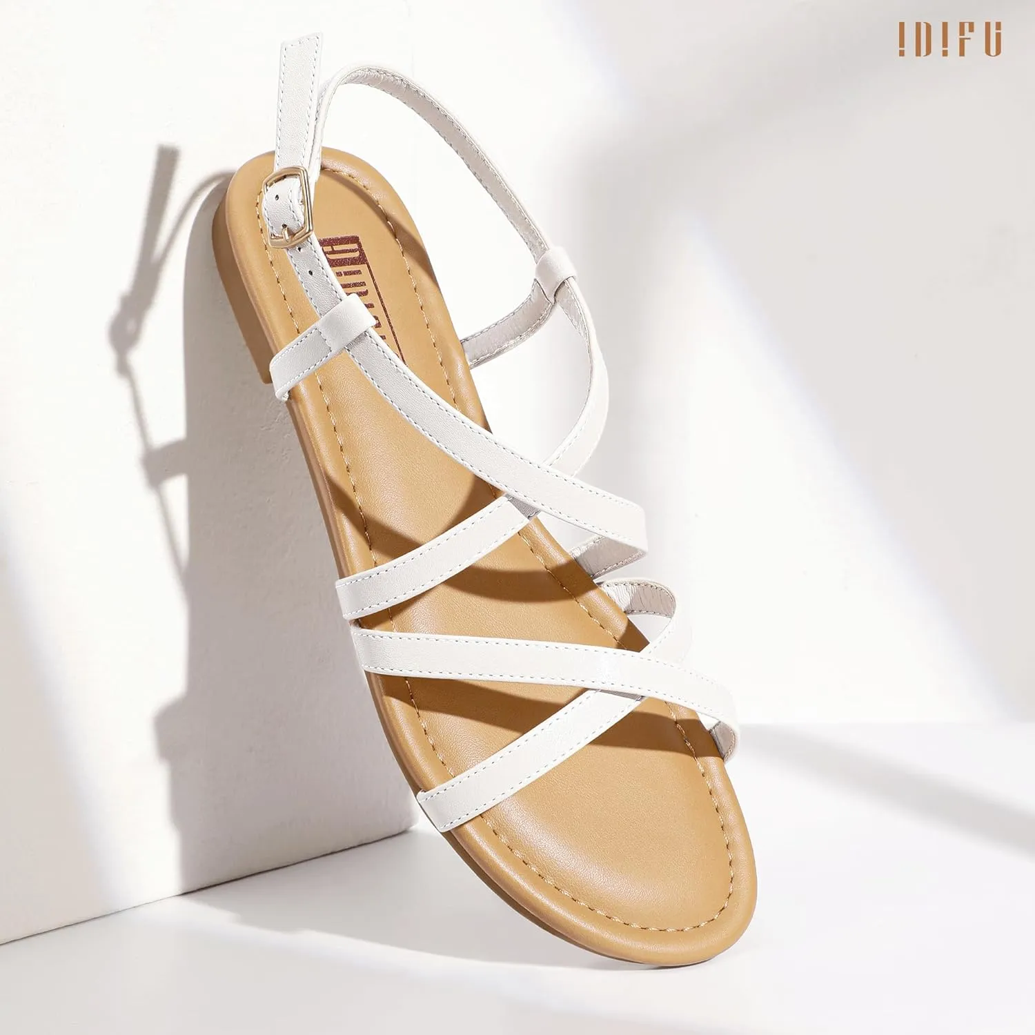 IDIFU Strappy Sandals for Women Open Toe Slingback Ankle Strap Flat Sandals Summer Beach Wedding Bridal Prom Party Work Office Dress Sandals Comfortable Trendy Casual Dressy Sandals