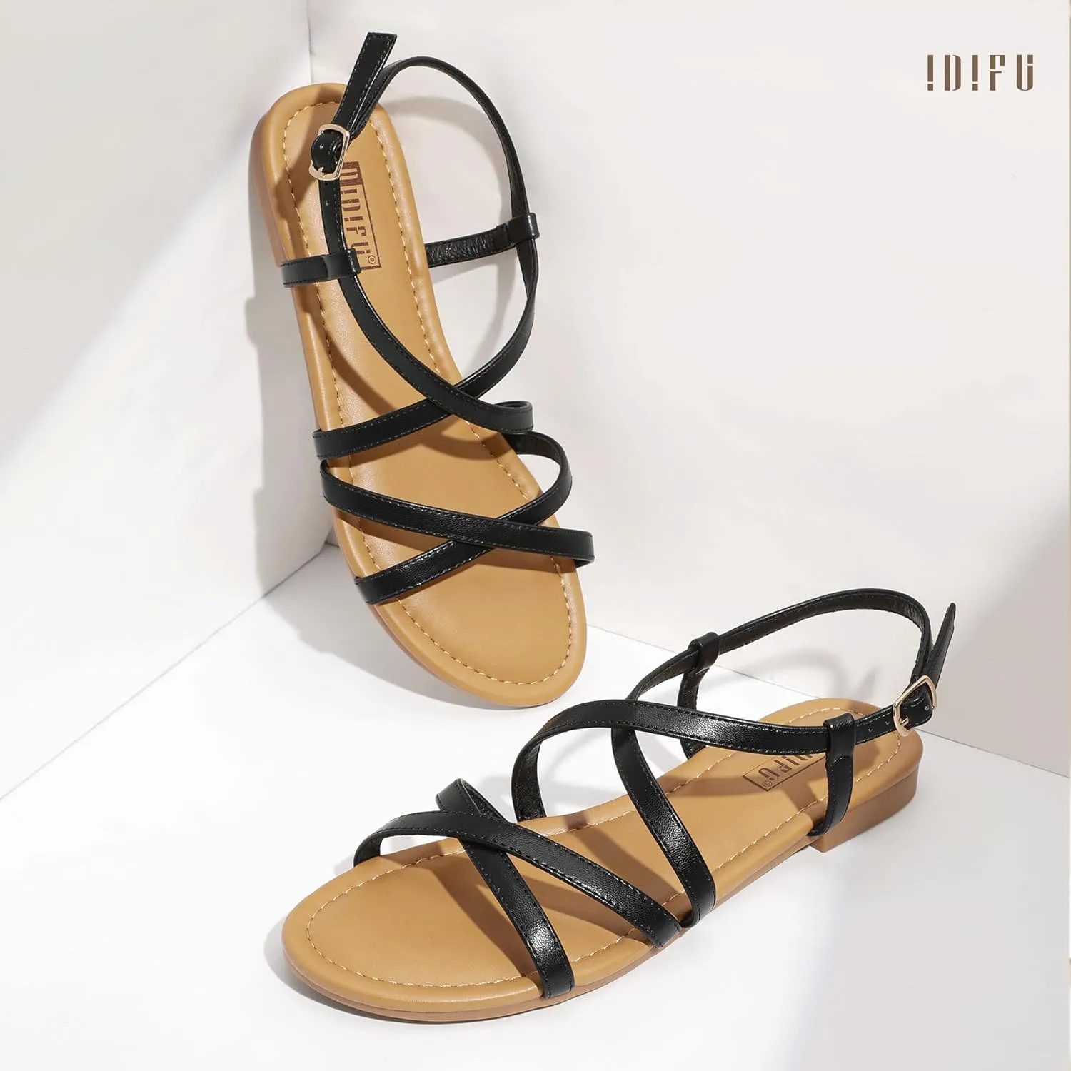 IDIFU Strappy Sandals for Women Open Toe Slingback Ankle Strap Flat Sandals Summer Beach Wedding Bridal Prom Party Work Office Dress Sandals Comfortable Trendy Casual Dressy Sandals