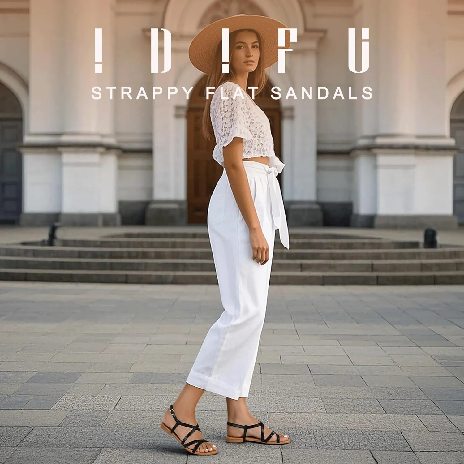 IDIFU Strappy Sandals for Women Open Toe Slingback Ankle Strap Flat Sandals Summer Beach Wedding Bridal Prom Party Work Office Dress Sandals Comfortable Trendy Casual Dressy Sandals