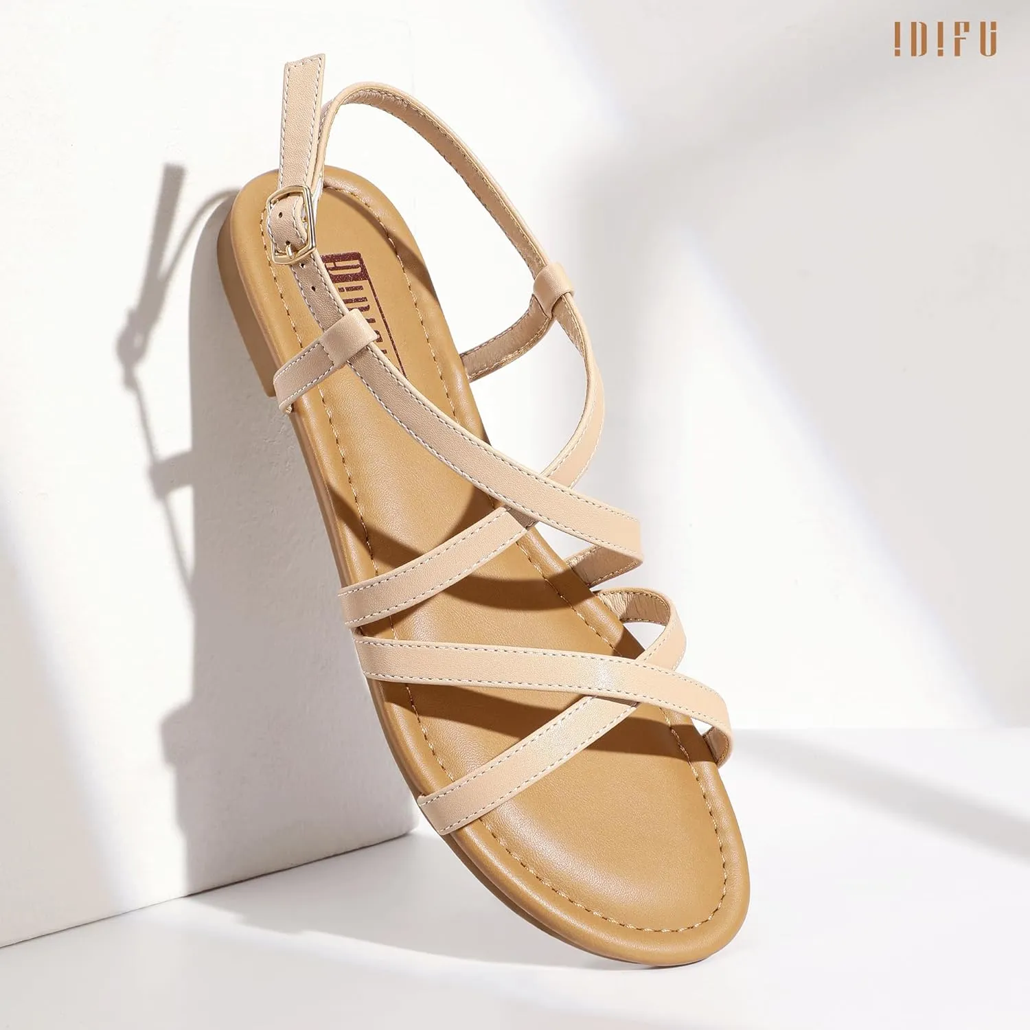 IDIFU Strappy Sandals for Women Open Toe Slingback Ankle Strap Flat Sandals Summer Beach Wedding Bridal Prom Party Work Office Dress Sandals Comfortable Trendy Casual Dressy Sandals